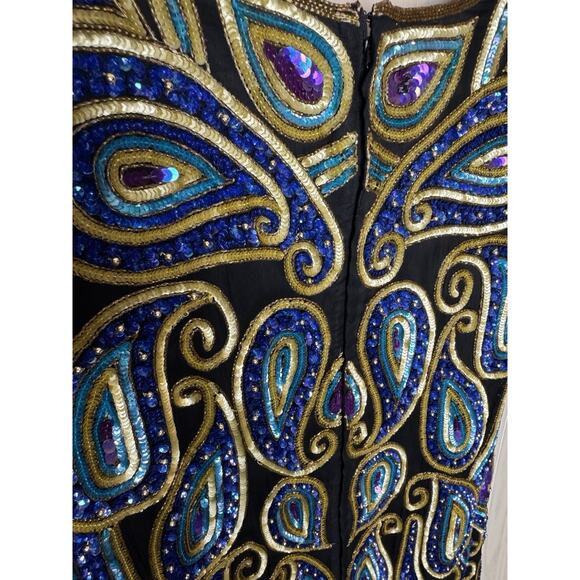Vintage 80s Silk Beaded Sequin Dress Black Gold Blue Paisley Cocktail Party 2X - Picture 13 of 14